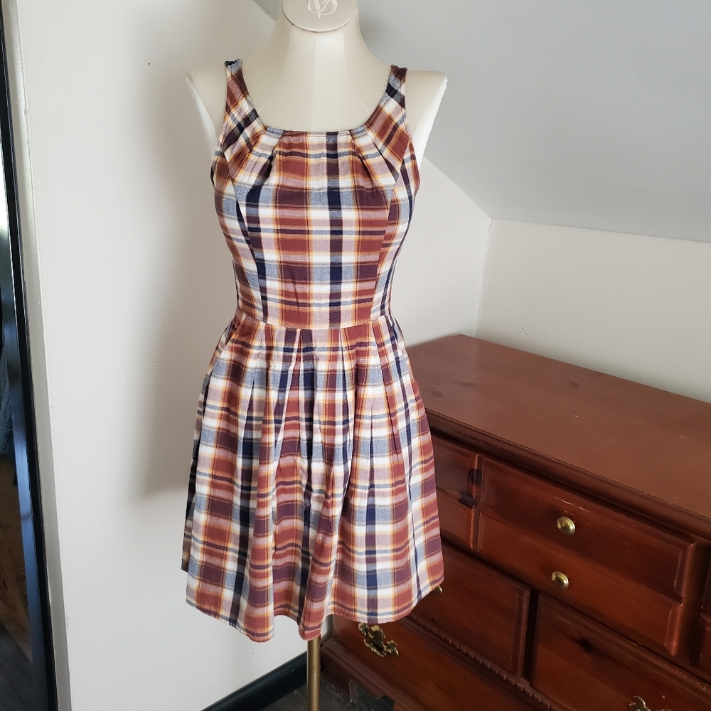 Modcloth Sunny Girl Dress Brown Plaid XS